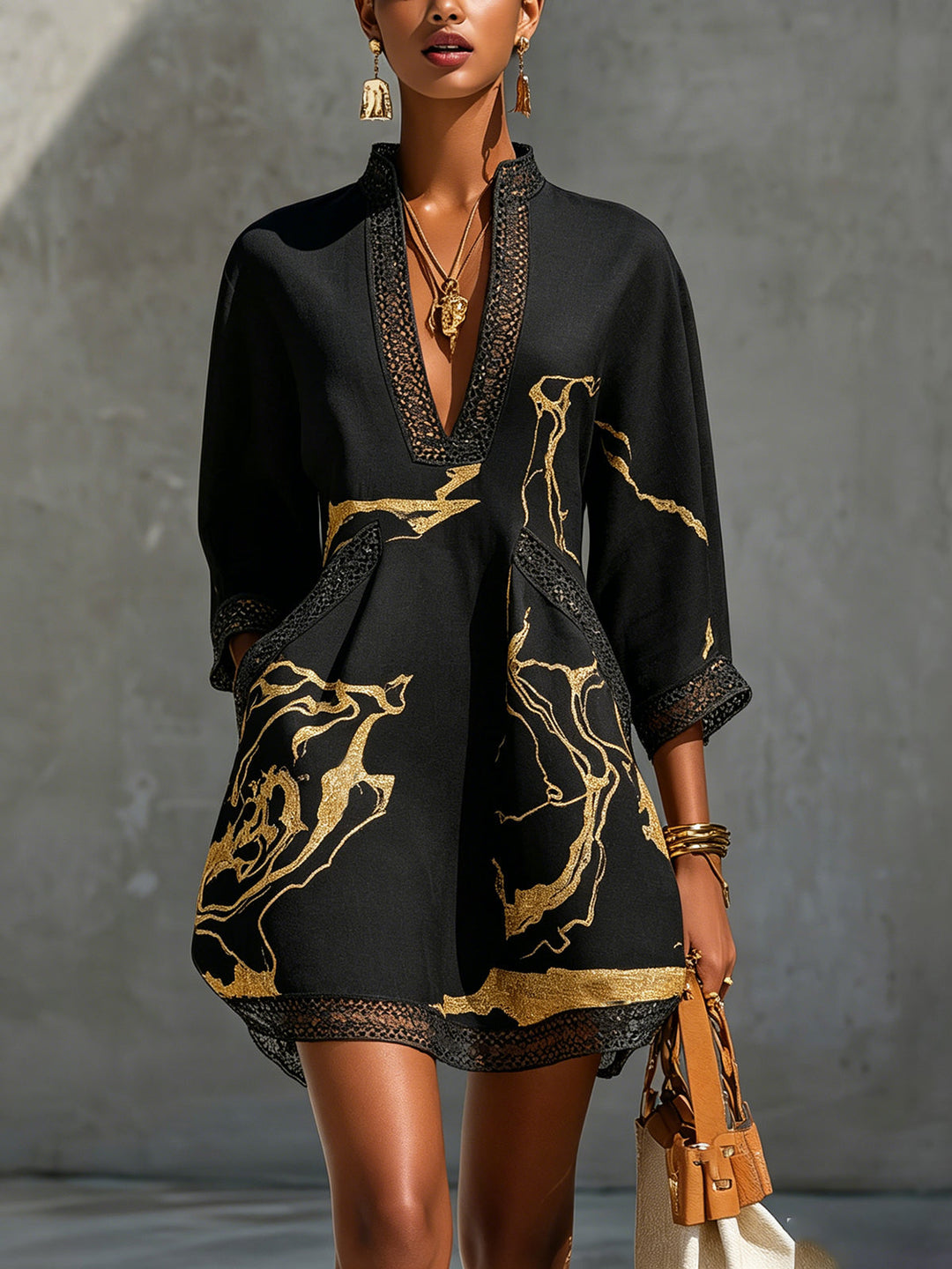 Robe Mini en Dentelle Crochet Imprimée Or Noir