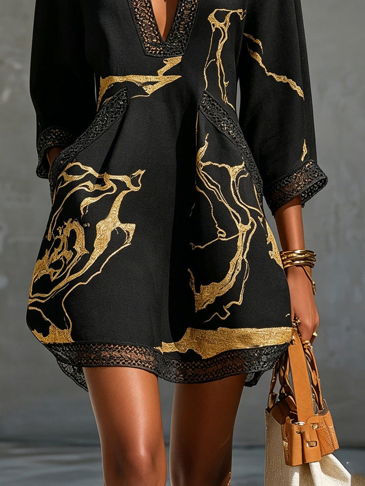 Robe Mini en Dentelle Crochet Imprimée Or Noir