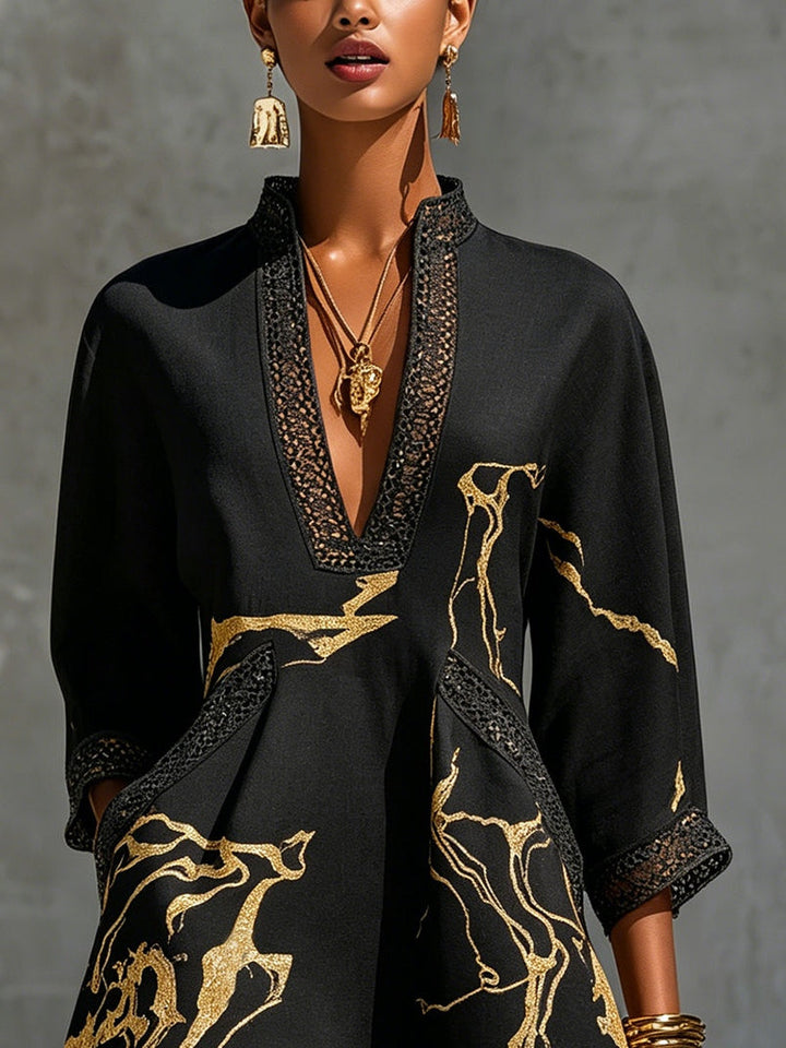 Robe Mini en Dentelle Crochet Imprimée Or Noir