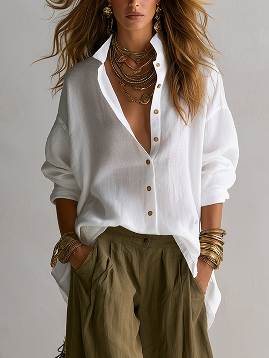 Alejandra | Ensemble chemise blanche ample et pantalons verts à jambes larges type lanterne