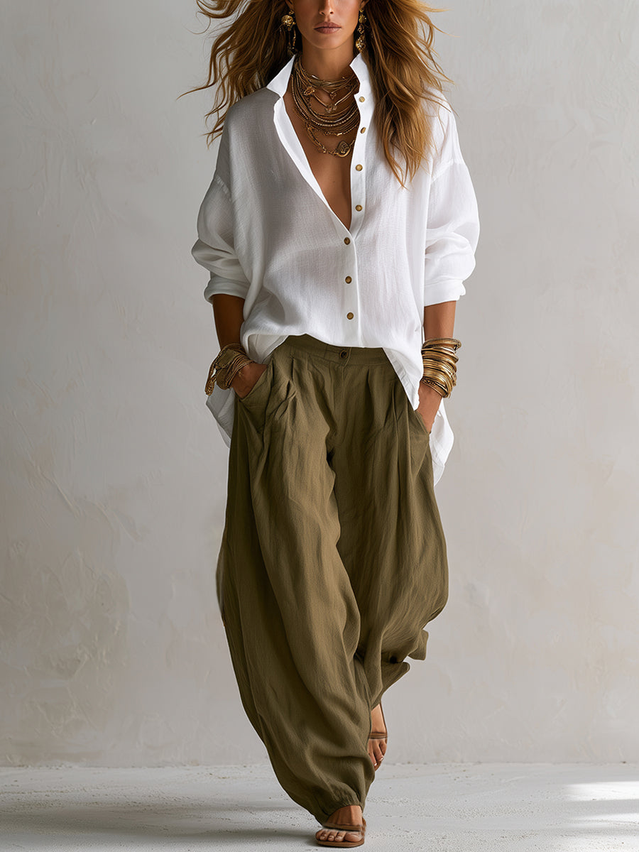 Alejandra | Ensemble chemise blanche ample et pantalons verts à jambes larges type lanterne