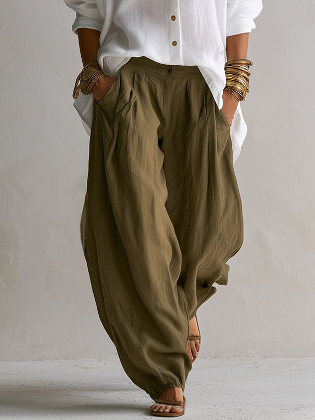Alejandra | Ensemble chemise blanche ample et pantalons verts à jambes larges type lanterne