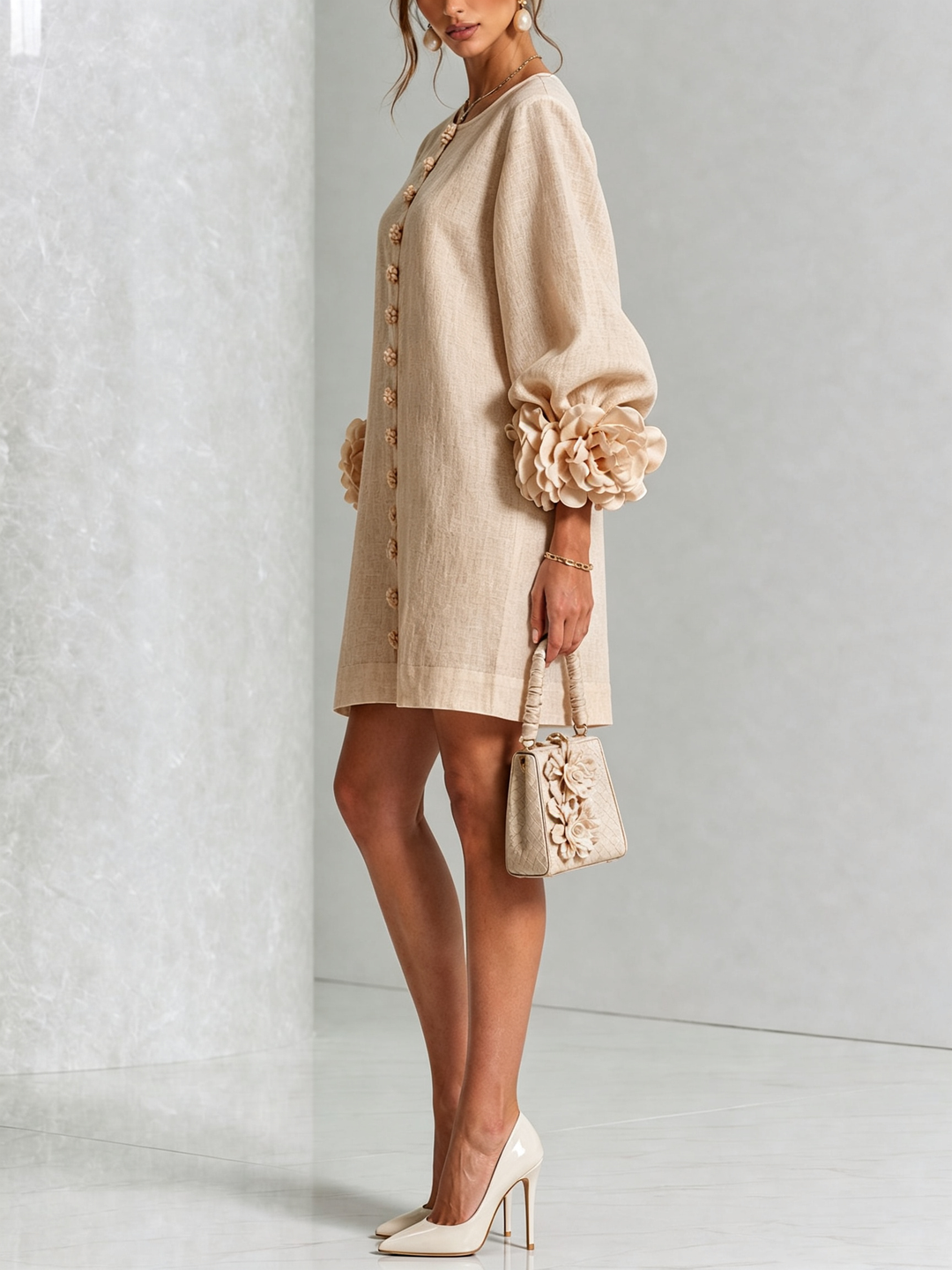 Robe Mini Boutonnée Florale Blanche Avec Manches Florales Étonnantes