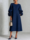 Capucine™ | Robe Midi Boutonnée Florale Marine à Manches Fleuries
