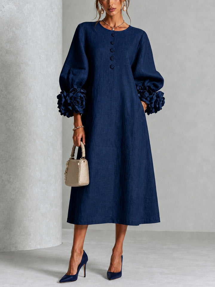 Capucine™ | Robe Midi Boutonnée Florale Marine à Manches Fleuries