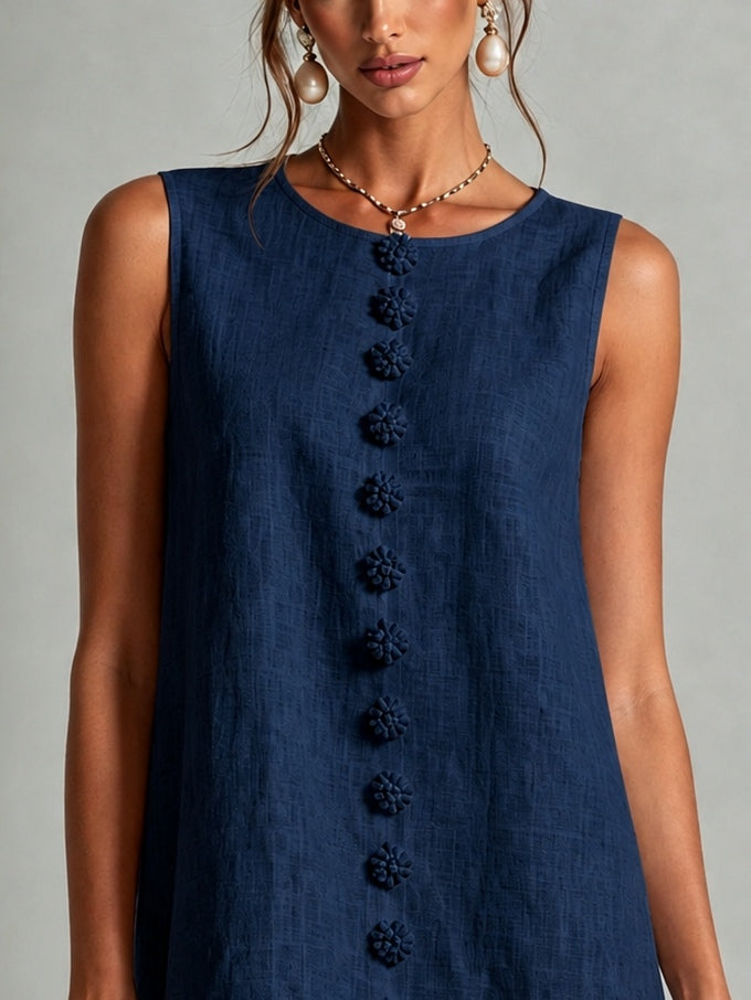 Robe Mini Sans Manches à Fleurs Marine Boutonnée