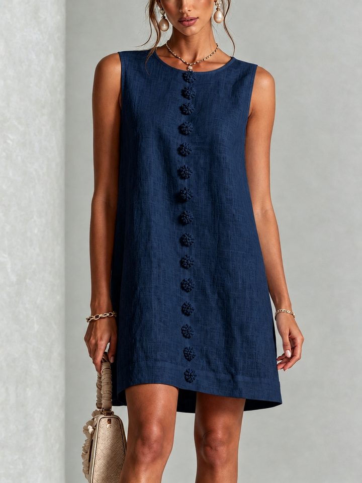 Robe Mini Sans Manches à Fleurs Marine Boutonnée
