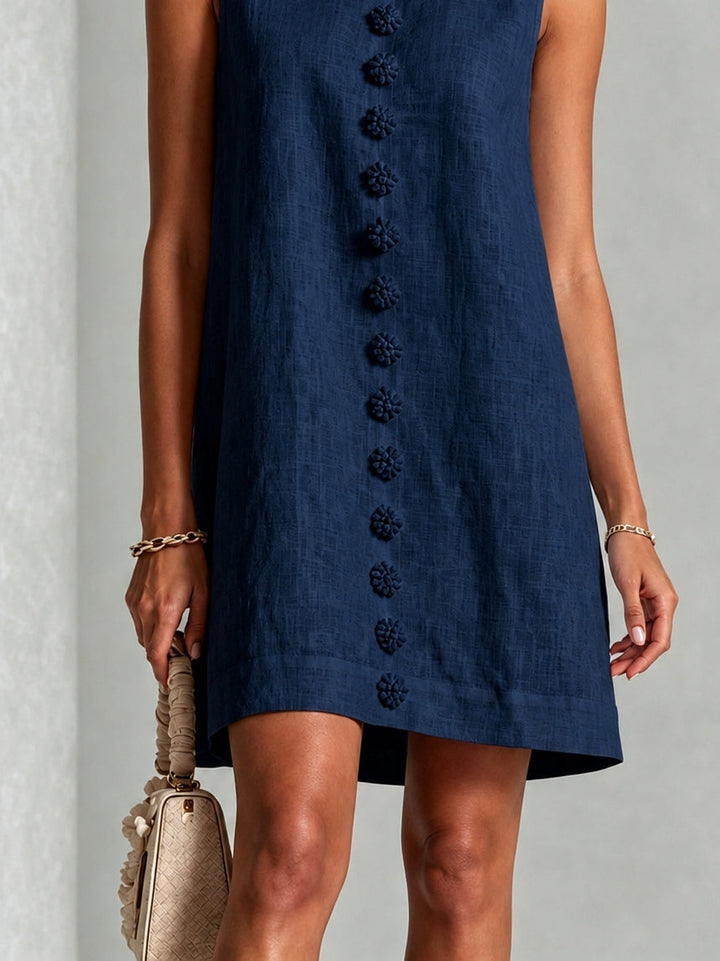 Robe Mini Sans Manches à Fleurs Marine Boutonnée