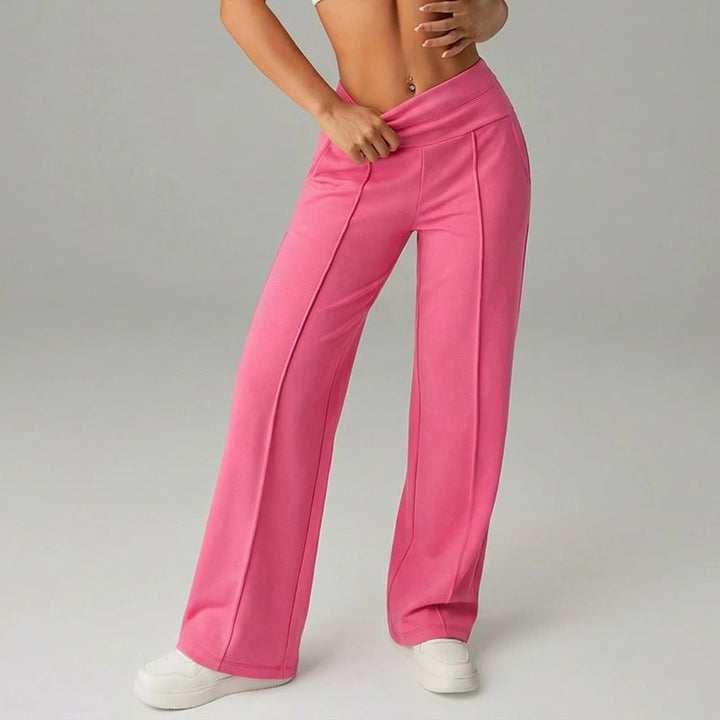 Pantalon femme à jambes larges et droites, taille haute. Tissu extensible