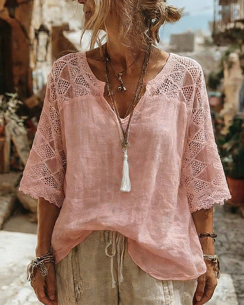 Blouse Unicolore à Panneaux et Col en V