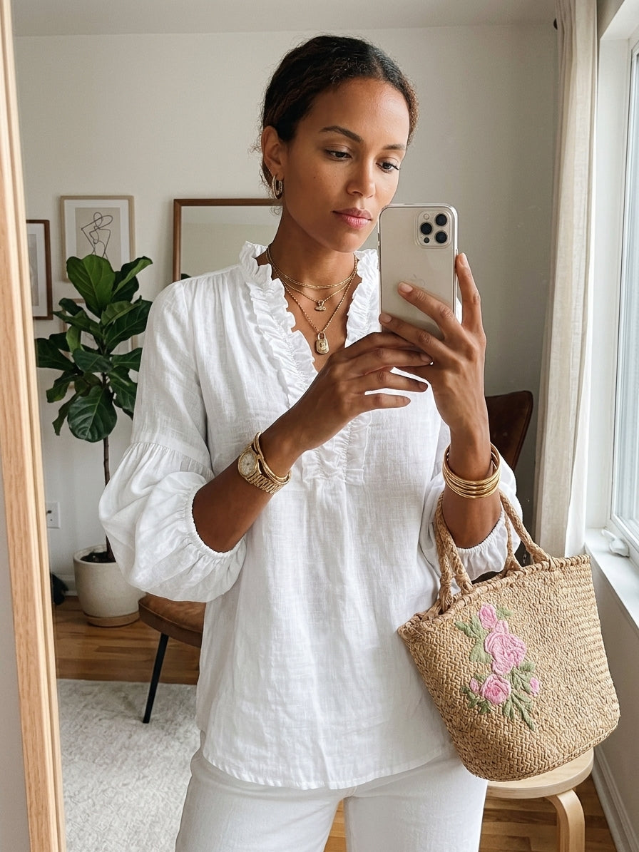 Chemise Femme Rétro Casual en Coton Lin Unie à Manches Trois Quarts