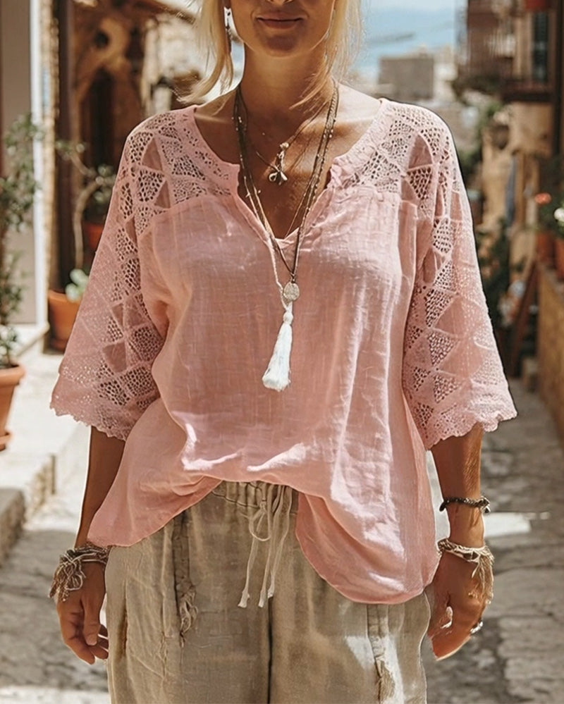 Blouse Unicolore à Panneaux et Col en V