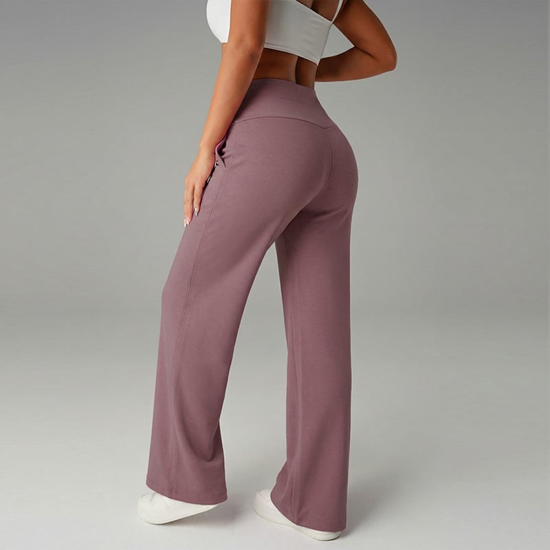 Pantalon femme à jambes larges et droites, taille haute. Tissu extensible