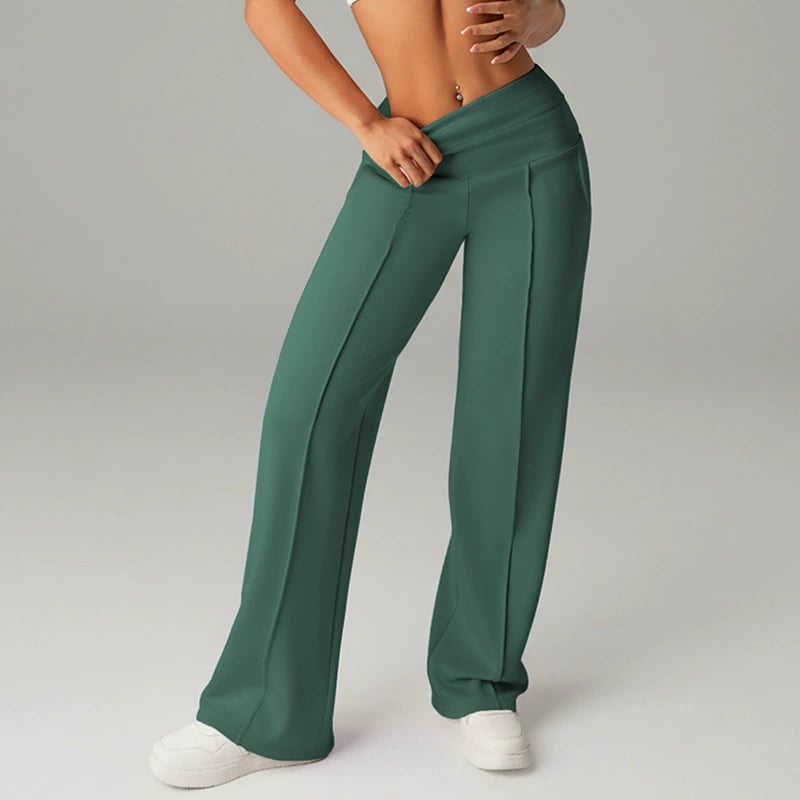 Pantalon femme à jambes larges et droites, taille haute. Tissu extensible