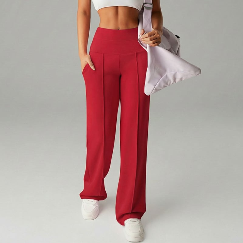 Pantalon femme à jambes larges et droites, taille haute. Tissu extensible