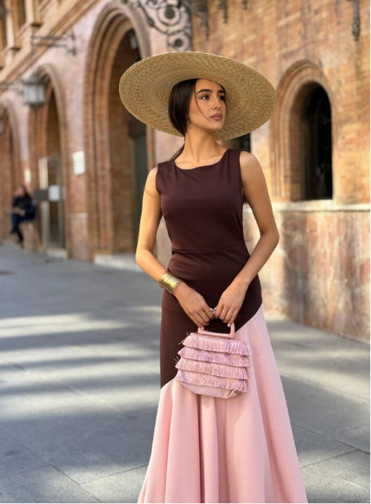 Elegant Women's Dress Long Sleeve Round Neck Contrast Pleated