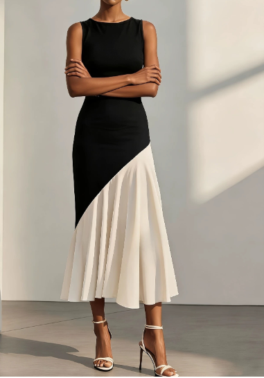 Elegant Women's Dress Long Sleeve Round Neck Contrast Pleated
