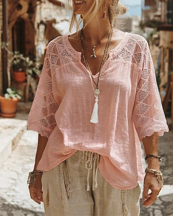 Blouse Unicolore à Panneaux et Col en V
