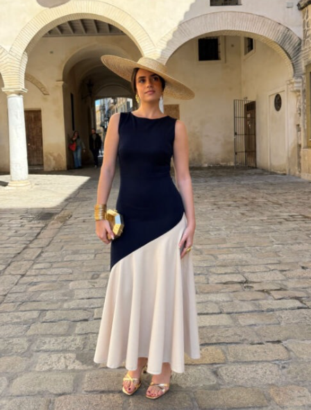 Elegant Women's Dress Long Sleeve Round Neck Contrast Pleated