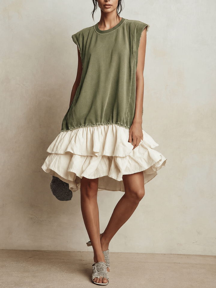 Robe Mini Sans Manches à Volants Superposés avec Bord Brut Contrasté | Robe Décontractée Color Block pour Vacances