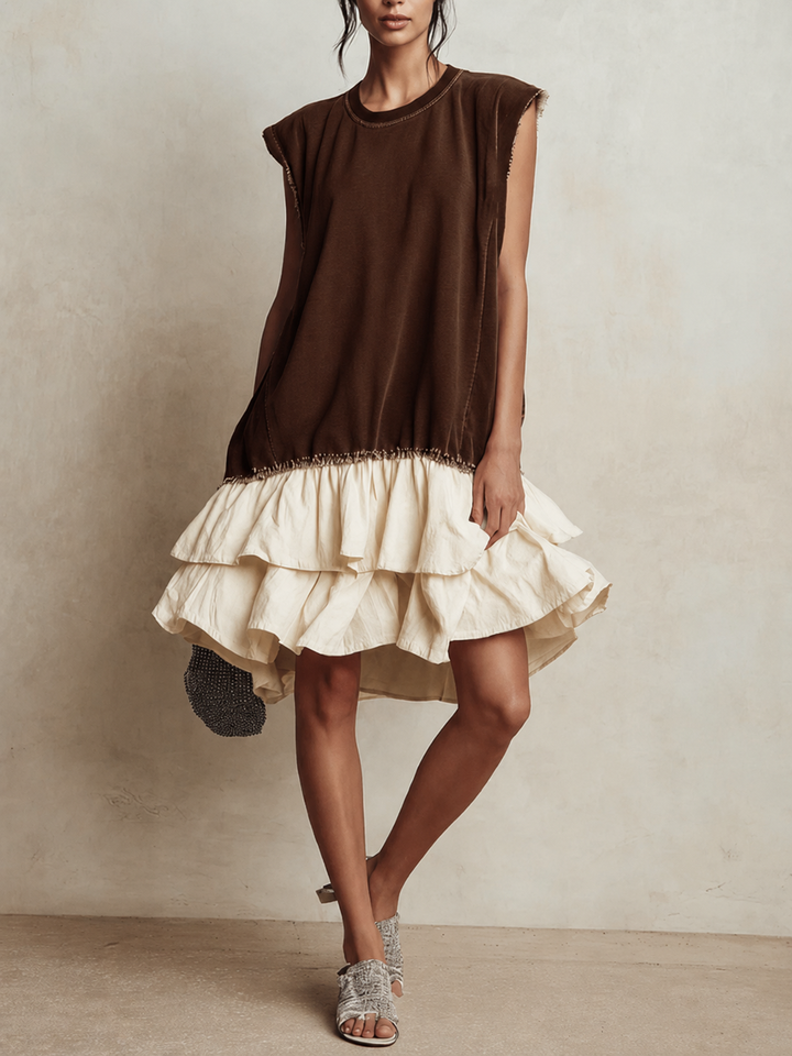 Robe Mini Sans Manches à Volants Superposés avec Bord Brut Contrasté | Robe Décontractée Color Block pour Vacances