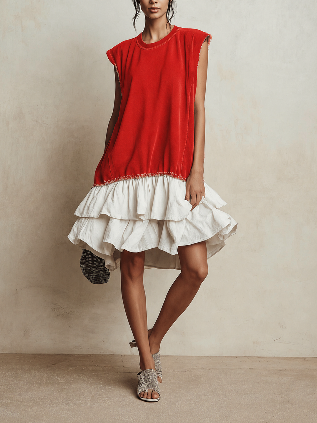 Robe Mini Sans Manches à Volants Superposés avec Bord Brut Contrasté | Robe Décontractée Color Block pour Vacances