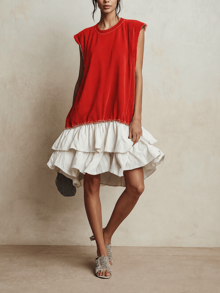 Robe Mini Sans Manches à Volants Superposés avec Bord Brut Contrasté | Robe Décontractée Color Block pour Vacances