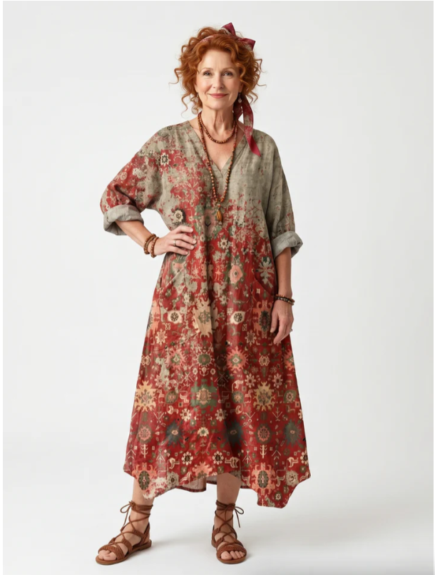 Aleta | Robe midi oversized à poches brodées et bouton sur le devant