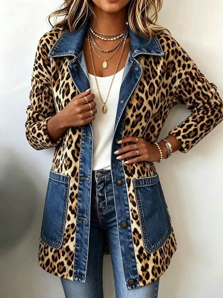 Fabienne | Veste Longue en Jean avec Panneaux en Imprimé Léopard