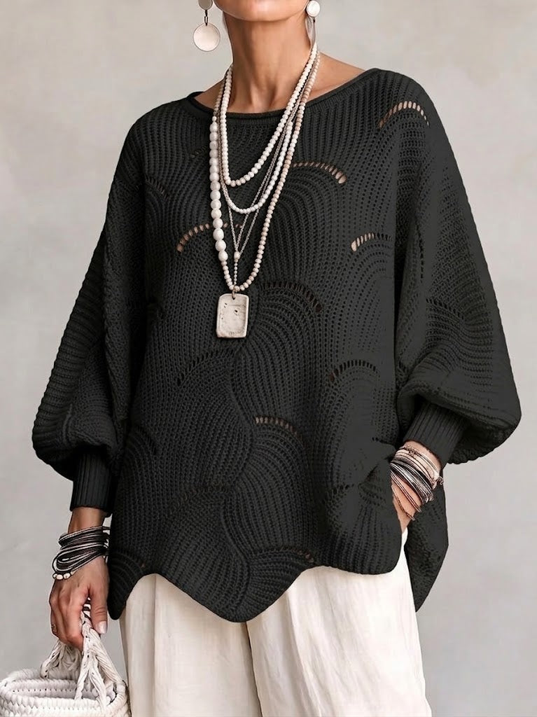 Haut en tricot à manches lanternes amples avec motif en vagues creuses