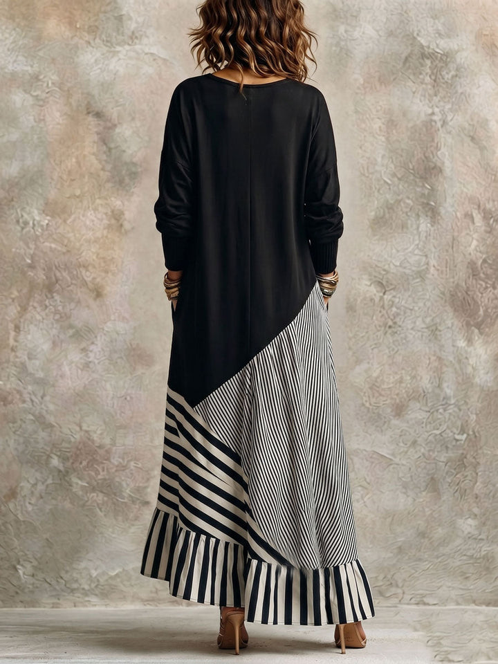 Robe Maxi Noire Et Rayée Chic Élégante Extensible