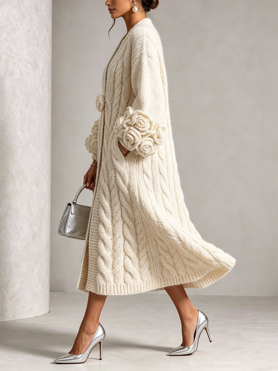 Cardigan en Tricot à Câble avec Accent Floral Chic