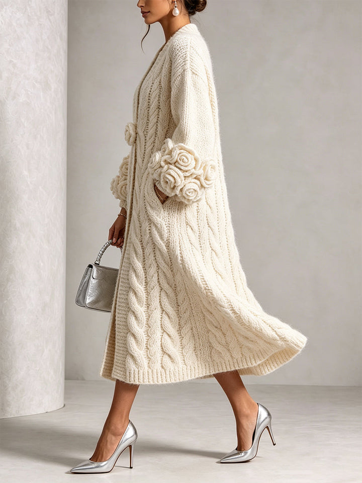 Cardigan en Tricot à Câble avec Accent Floral Chic