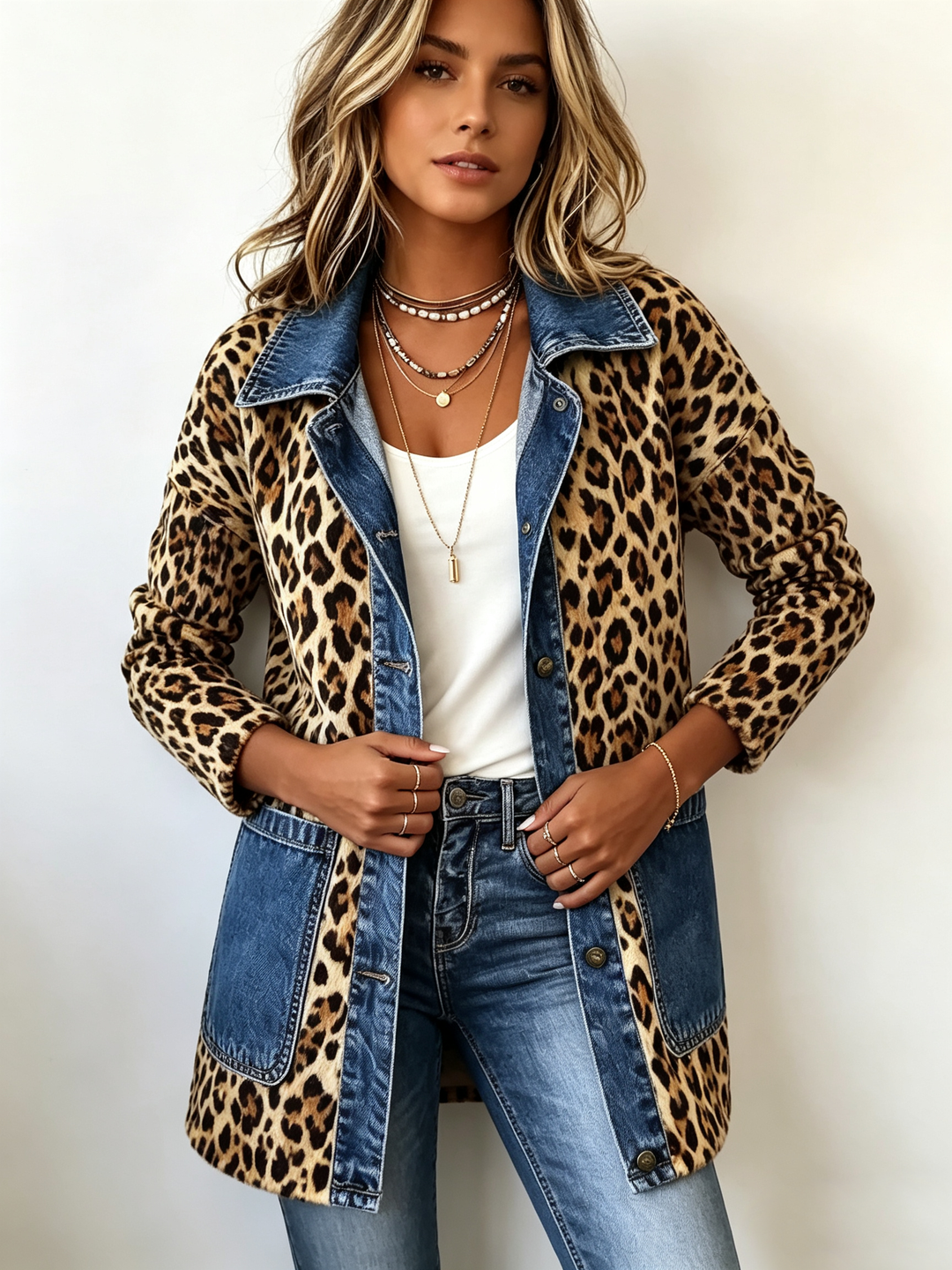 Fabienne | Veste Longue en Jean avec Panneaux en Imprimé Léopard