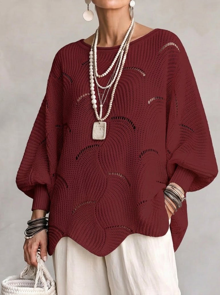 Haut en tricot à manches lanternes amples avec motif en vagues creuses