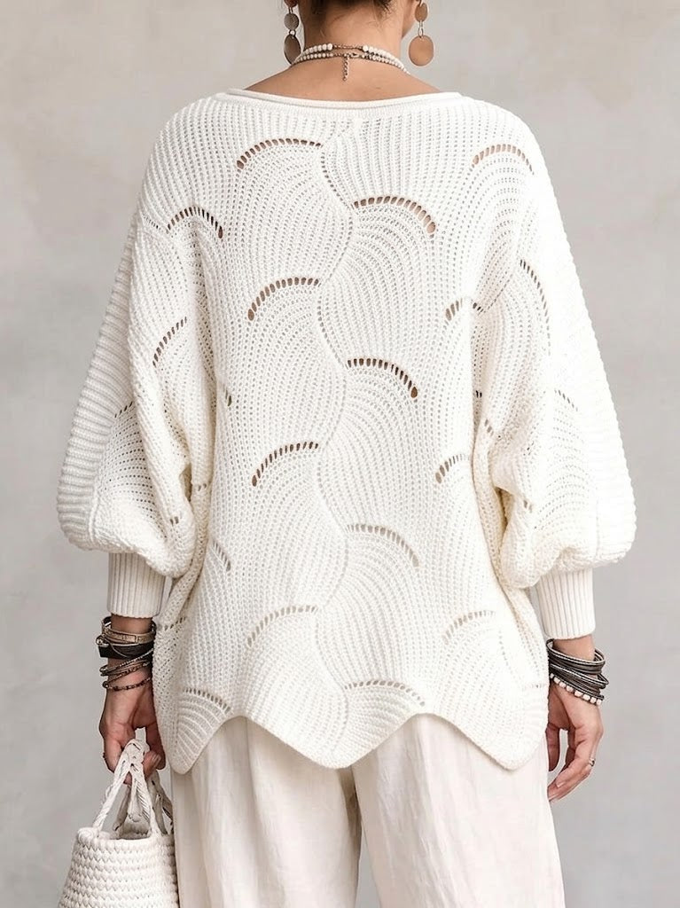 Haut en tricot à manches lanternes amples avec motif en vagues creuses