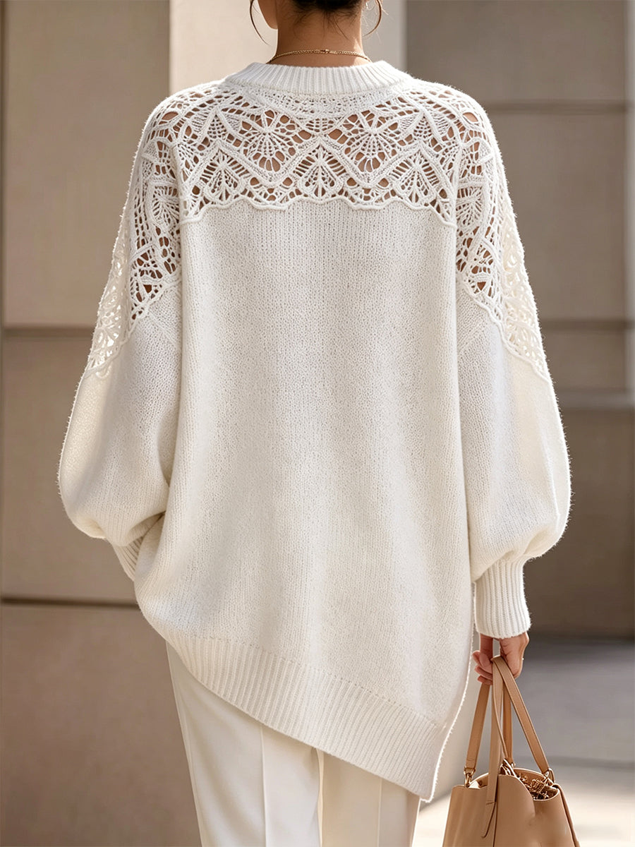 Pull Tricoté Oversize avec Yoke en Crochet Élégant