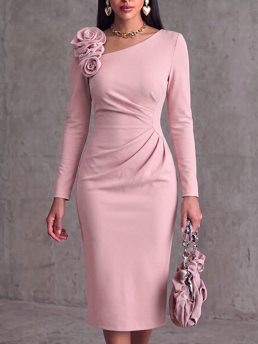 Robe Longue Décontractée à Manches Longues avec Encolure Asymétrique et Rose 3D de Couleur Unie pour Femme