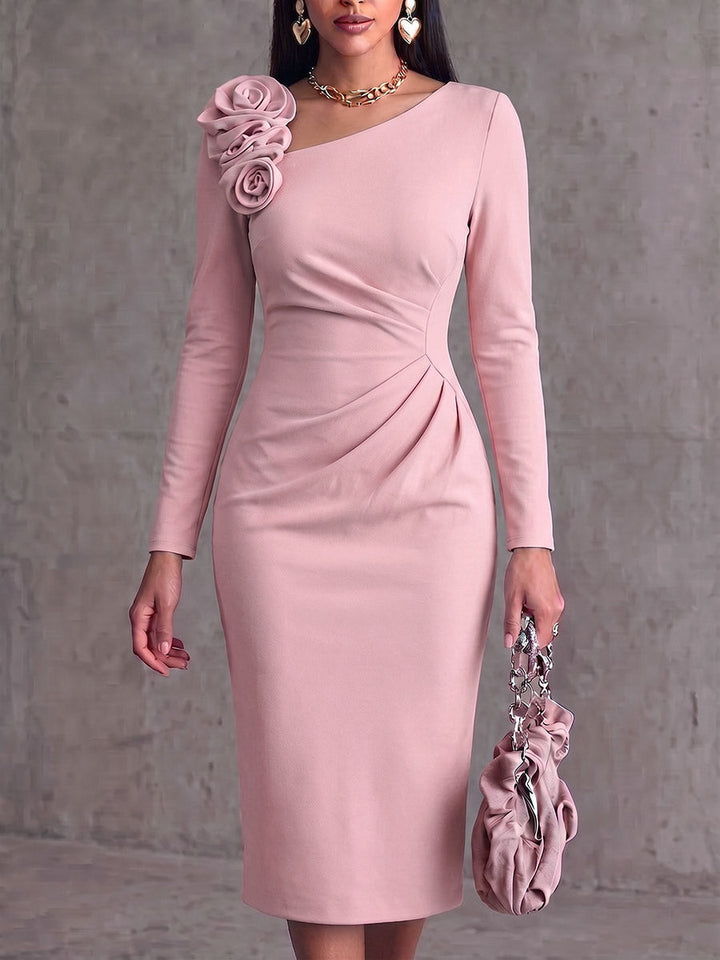 Robe Longue Décontractée à Manches Longues avec Encolure Asymétrique et Rose 3D de Couleur Unie pour Femme