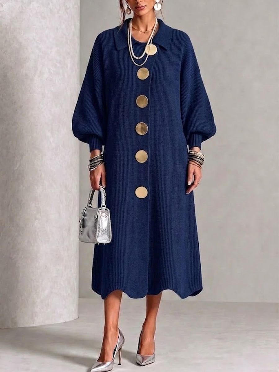 Robe en Tricot À Manches Longues Avec Une Grande Boucle Métallique, Col À Revers, Et Manches Lanternes