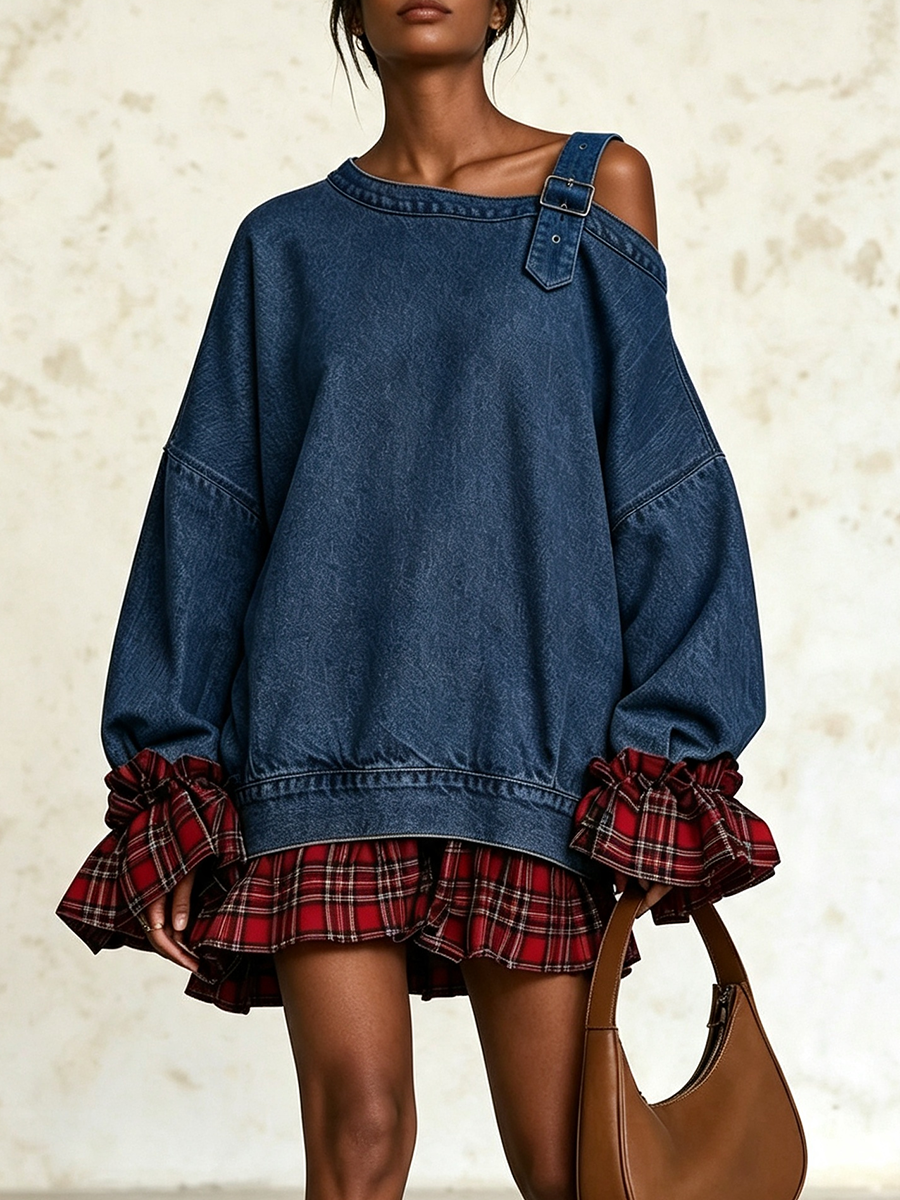 Robe Mini Asymétrique en Jean avec Sangle à Boucle