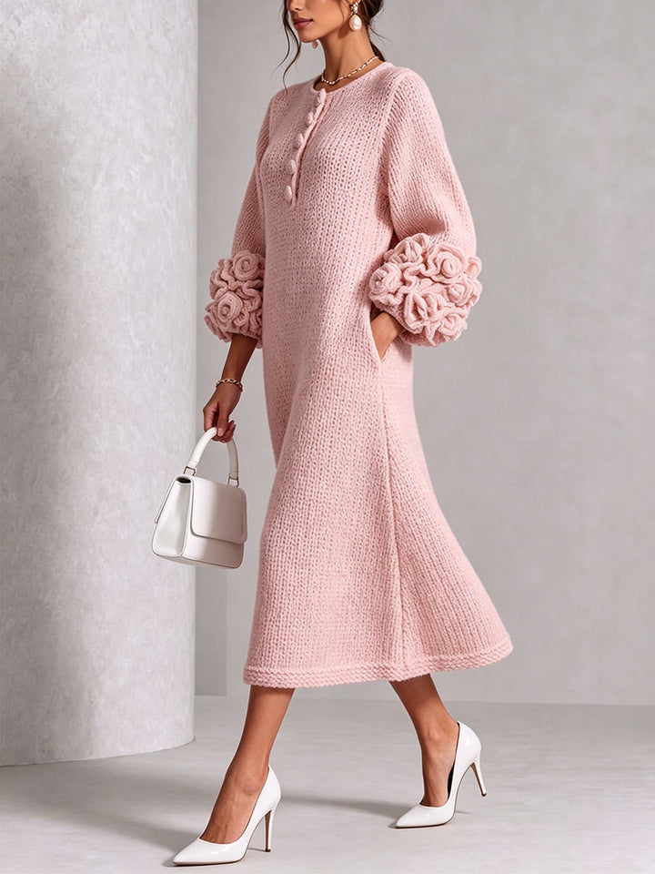 Robe Midi Tricotée Chic Rose Poudré avec Fleurs