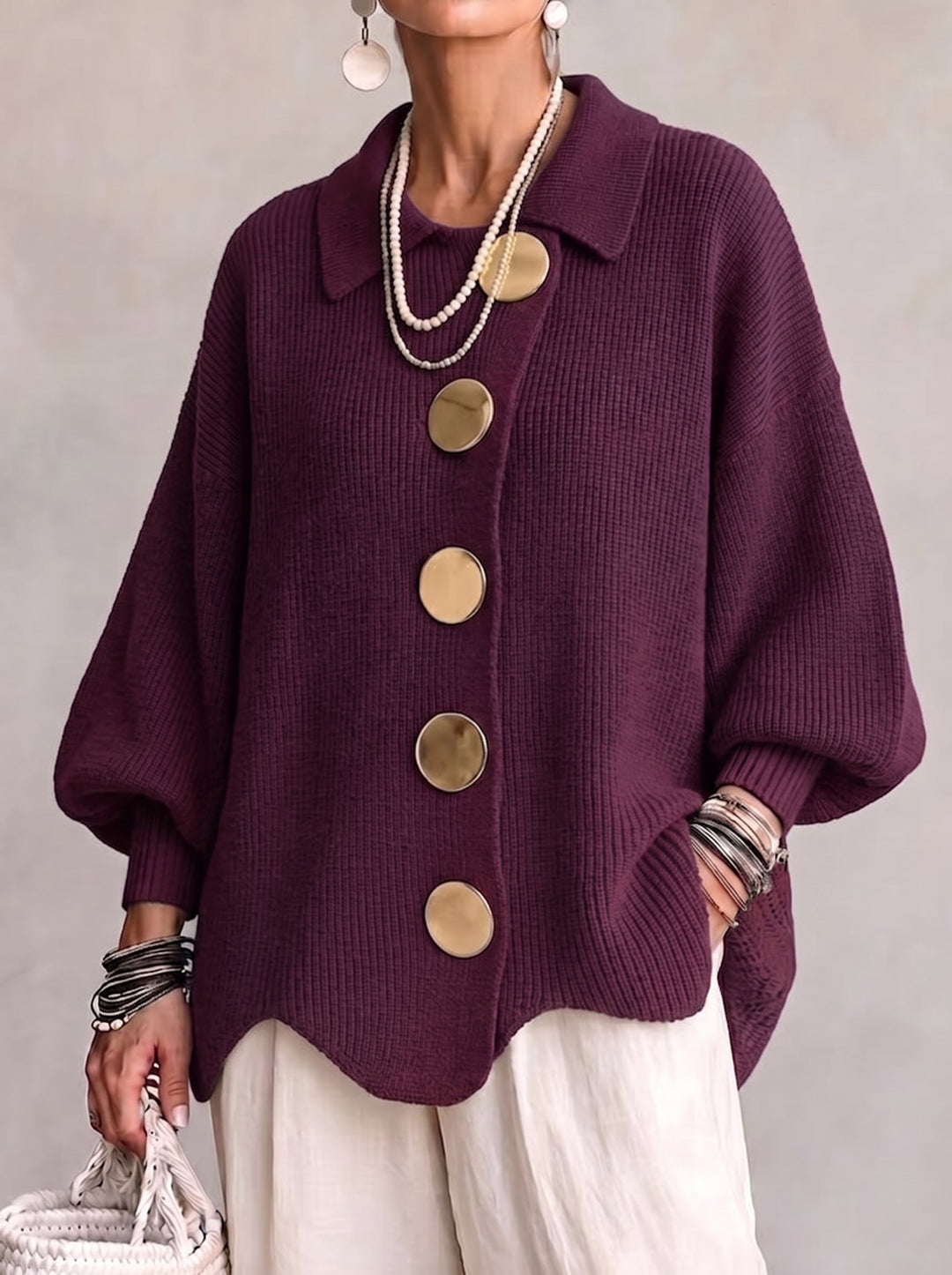 Isadora | Cardigan Oversize avec Col et Grands Boutons en Métal