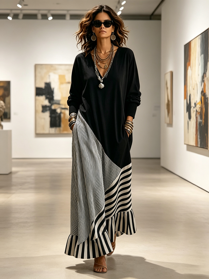 Robe Maxi Noire Et Rayée Chic Élégante Extensible