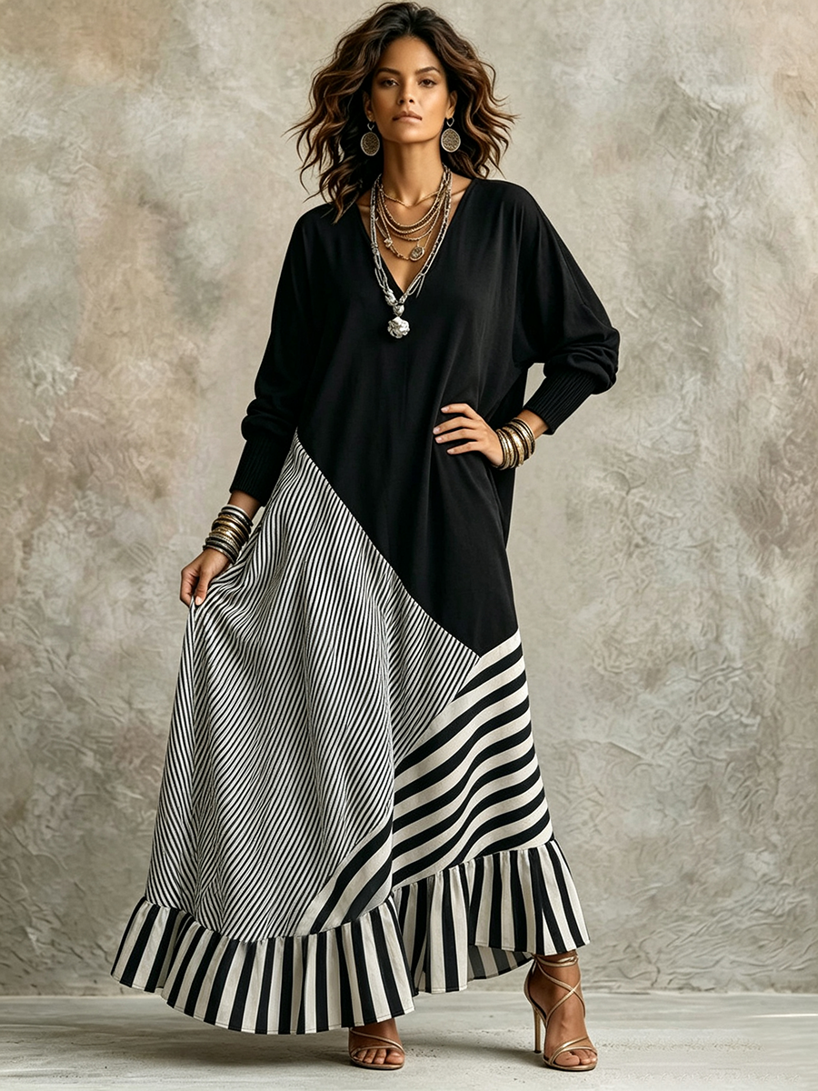 Robe Maxi Noire Et Rayée Chic Élégante Extensible