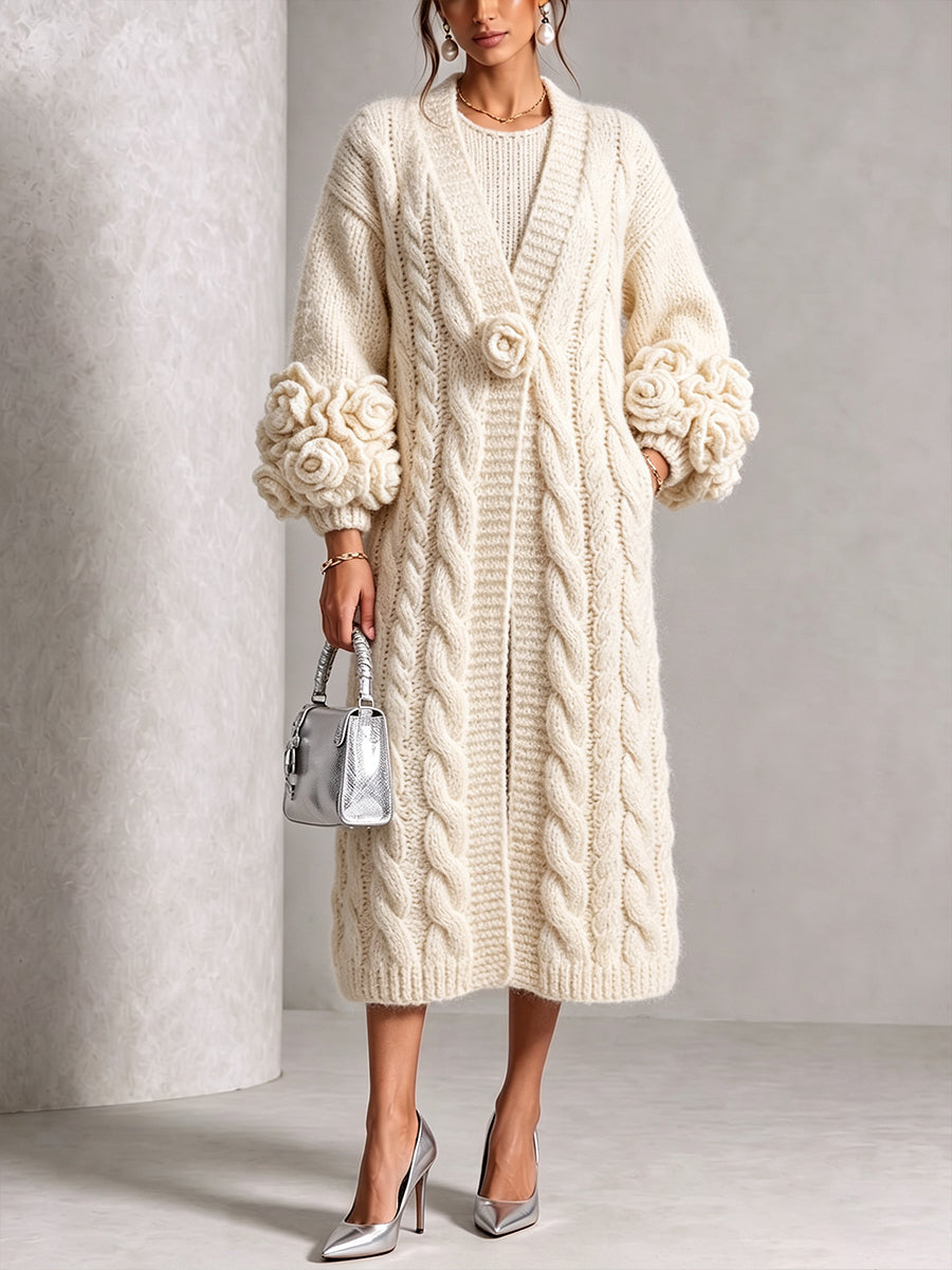 Cardigan en Tricot à Câble avec Accent Floral Chic
