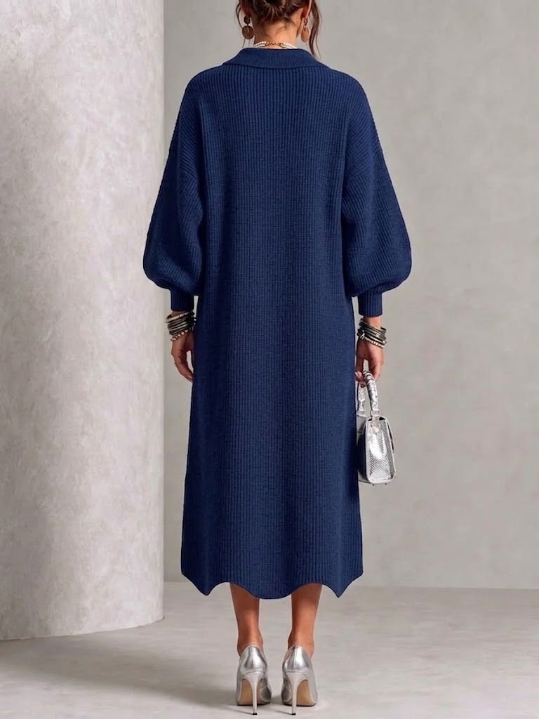 Robe en Tricot À Manches Longues Avec Une Grande Boucle Métallique, Col À Revers, Et Manches Lanternes