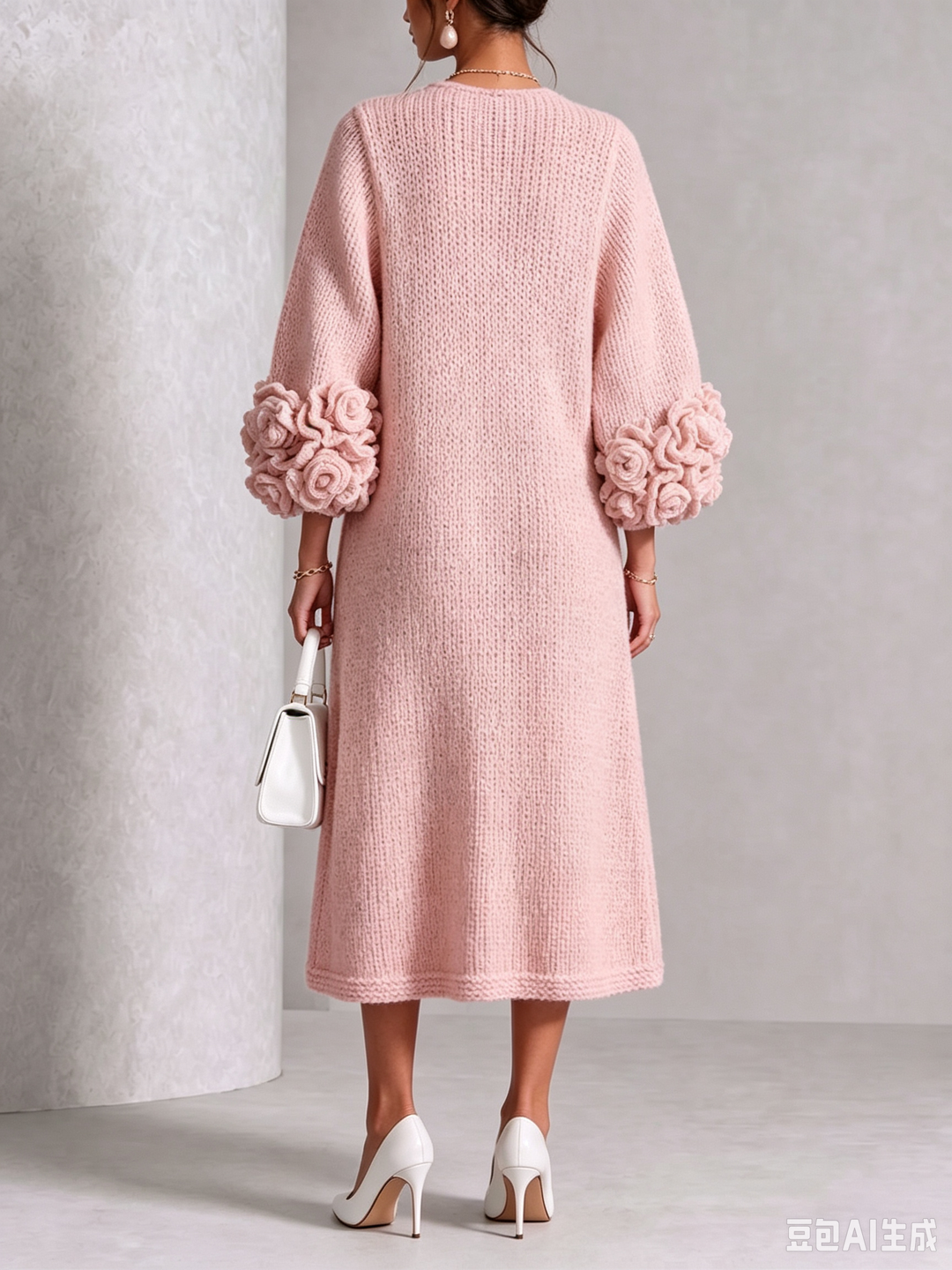 Robe Midi Tricotée Chic Rose Poudré avec Fleurs