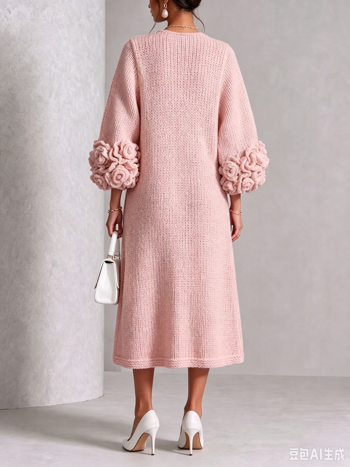 Robe Midi Tricotée Chic Rose Poudré avec Fleurs