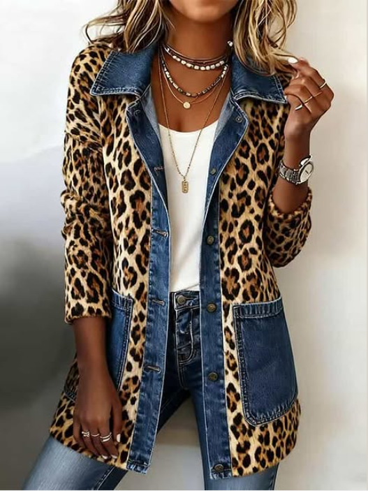 Fabienne | Veste Longue en Jean avec Panneaux en Imprimé Léopard